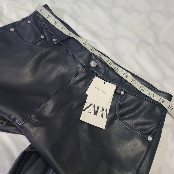 Zara Faux Leather The 90s Full Length Black Straight Leg Pant Women's Size‎ 12 - Picture 6 of 13